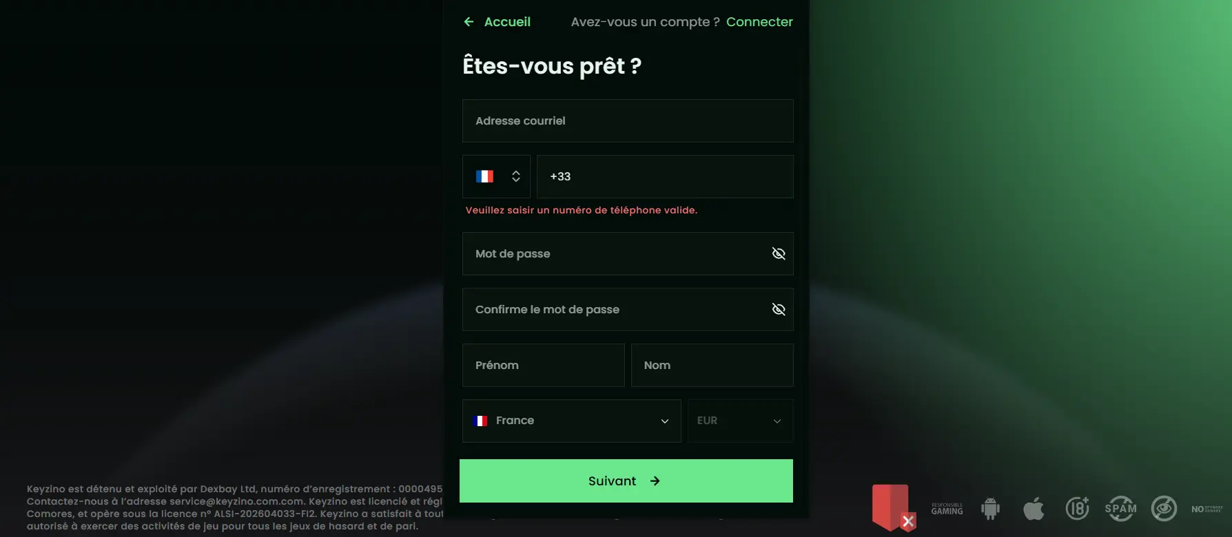 keyzino casino création de profil
